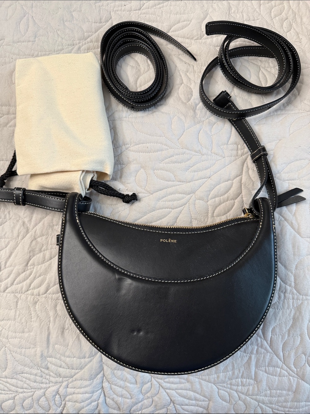 Polene Black Leather Crescent Shoulder Bag